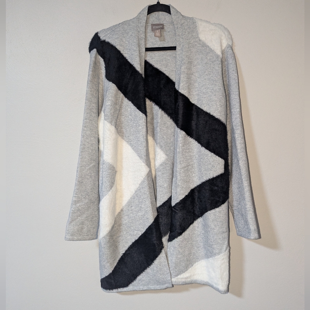 L Chico's Colorblock Fuzzy Comfy Soft Open Front‎ Cardigan